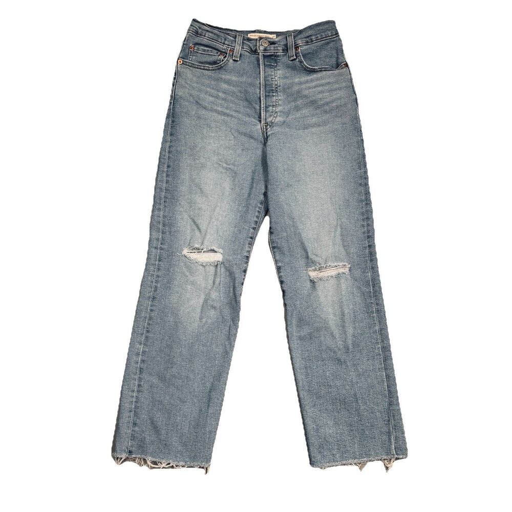 Levis Ribcage Straight Ankle Jeans Womens 27 Blue Button Distress Measures 27x26